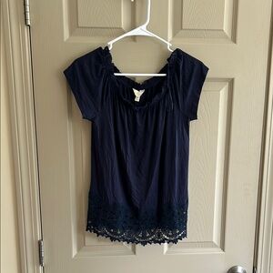 Navy Blue Lace Hem Women's Top